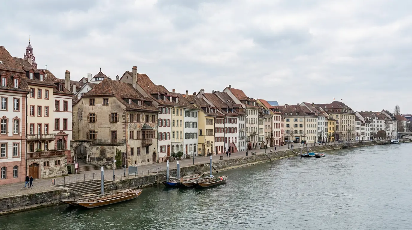 Basler Stadtbild mit historischen Wohngebäuden entlang des Rheinufers bei Tageslicht