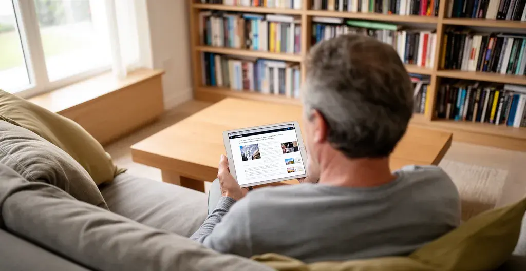 Person mittleren Alters prüft Immobiliendaten auf Tablet im Wohnzimmer